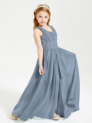 Long V-neck Junior Bridesmaid Dresses Dusty Blue