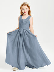 Long V-neck Junior Bridesmaid Dresses Dusty Blue