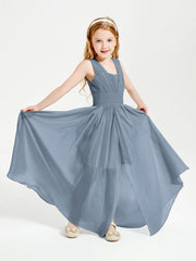 Long V-neck Junior Bridesmaid Dresses Dusty Blue