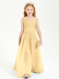 Long V-neck Junior Bridesmaid Dresses Gold