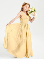 Long V-neck Junior Bridesmaid Dresses Gold
