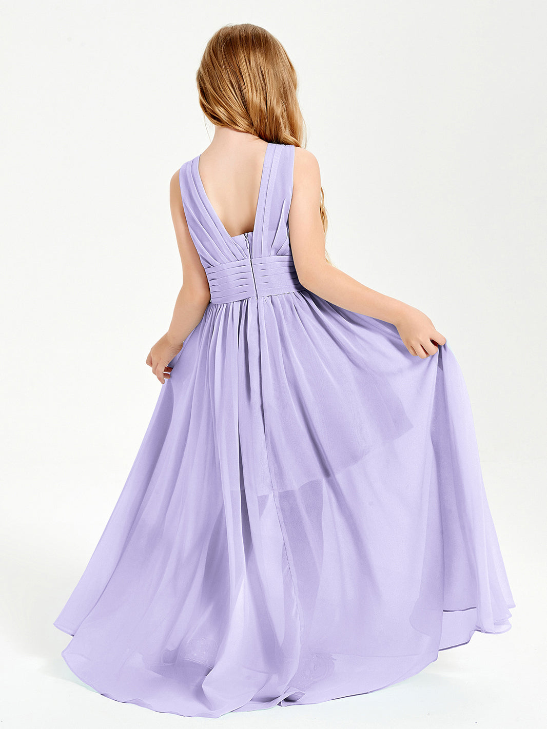 BABARONI Chiffon Lilac Junior Bridesmaid Dresses A-line V-neck Floor-length  Sleeveless – BABARONI UK