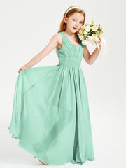 Long V-neck Junior Bridesmaid Dresses Mint Green