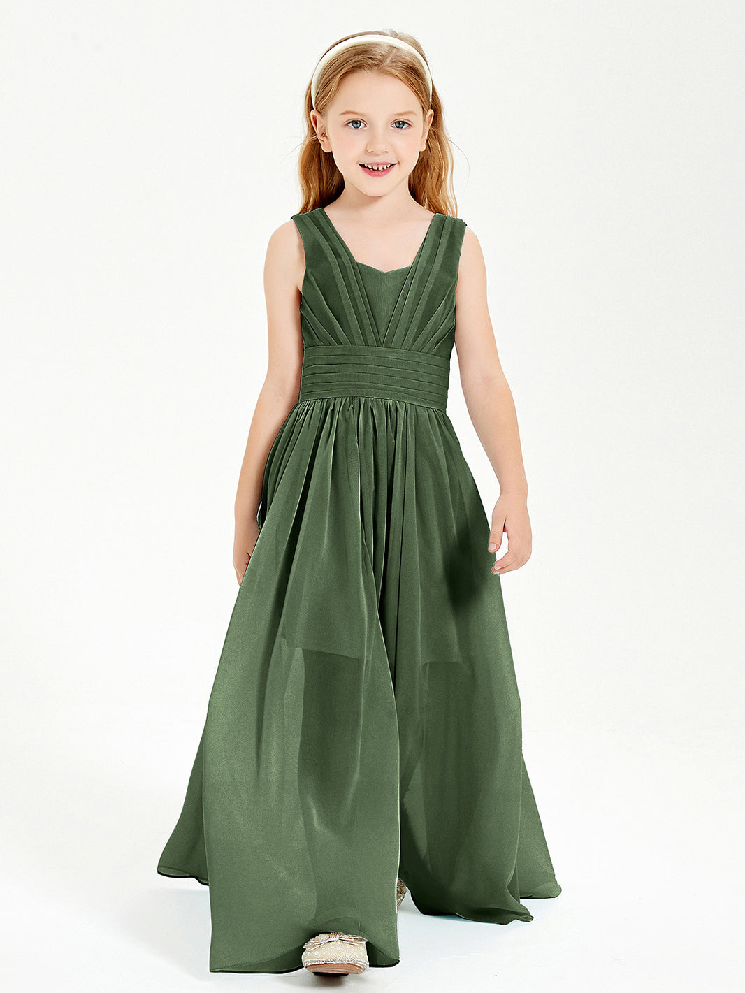 BABARONI Chiffon Olive Green Junior Bridesmaid Dresses A-line V-neck  Floor-length Sleeveless – BABARONI UK