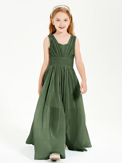 Long V-neck Junior Bridesmaid Dresses Olive Green