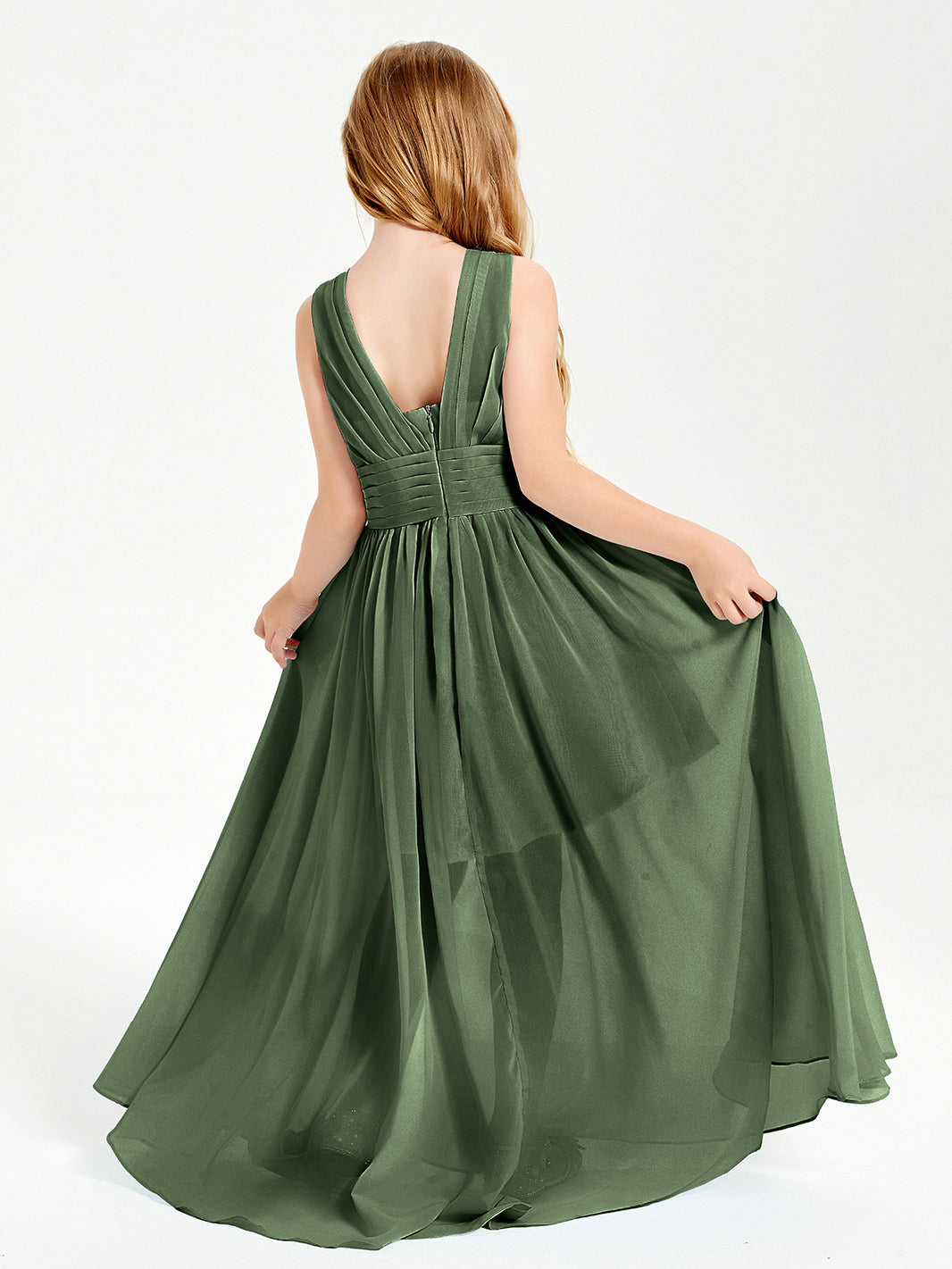 BABARONI Chiffon Olive Green Junior Bridesmaid Dresses A-line V-neck  Floor-length Sleeveless – BABARONI UK
