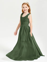 Long V-neck Junior Bridesmaid Dresses Olive Green