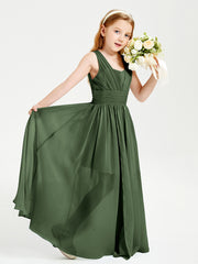Long V-neck Junior Bridesmaid Dresses Olive Green