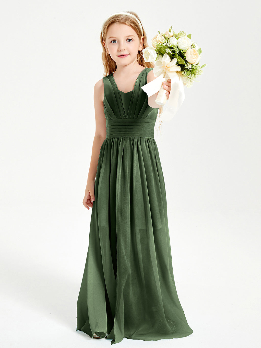 BABARONI Chiffon Olive Green Junior Bridesmaid Dresses A-line V-neck  Floor-length Sleeveless – BABARONI UK