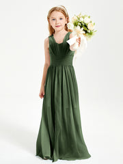 Long V-neck Junior Bridesmaid Dresses Olive Green