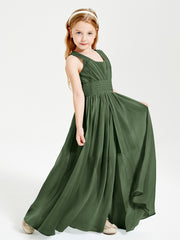 Long V-neck Junior Bridesmaid Dresses Olive Green