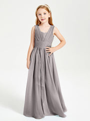 Long V-neck Junior Bridesmaid Dresses Silver