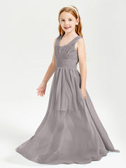 Long V-neck Junior Bridesmaid Dresses Silver