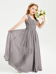 Long V-neck Junior Bridesmaid Dresses Silver