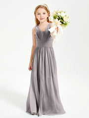 Long V-neck Junior Bridesmaid Dresses Silver