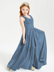 Long V-neck Junior Bridesmaid Dresses Slate Blue