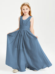 Long V-neck Junior Bridesmaid Dresses Slate Blue