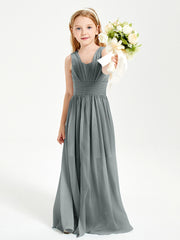 Long V-neck Junior Bridesmaid Dresses Steel Grey