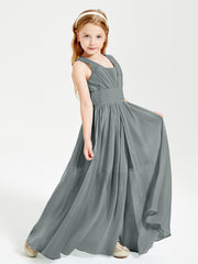 Long V-neck Junior Bridesmaid Dresses Steel Grey