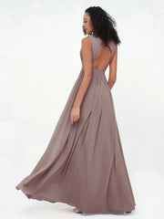 Open Back Chiffon Long Dresses with V-neck Dusk