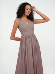 Open Back Chiffon Long Dresses with V-neck Dusk