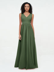 Open Back Chiffon Long Dresses with V-neck Olive Green
