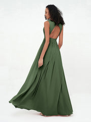 Open Back Chiffon Long Dresses with V-neck Olive Green