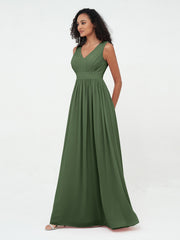 Open Back Chiffon Long Dresses with V-neck Olive Green