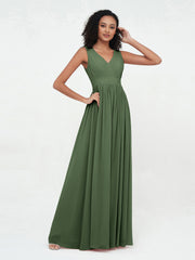 Open Back Chiffon Long Dresses with V-neck Olive Green