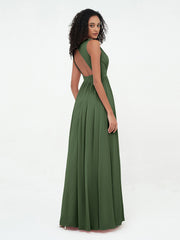 Open Back Chiffon Long Dresses with V-neck Olive Green