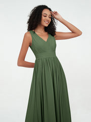 Open Back Chiffon Long Dresses with V-neck Olive Green