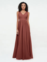 Open Back Chiffon Long Dresses with V-neck Terracotta