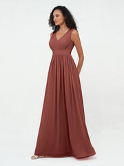 Open Back Chiffon Long Dresses with V-neck Terracotta