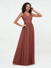 Open Back Chiffon Long Dresses with V-neck Terracotta