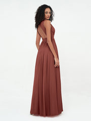 Open Back Chiffon Long Dresses with V-neck Terracotta