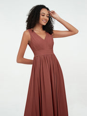Open Back Chiffon Long Dresses with V-neck Terracotta