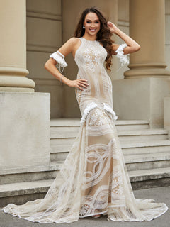 Jewel Neckline Lace Tassel Mermaid Wedding Dress Champagne
