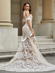 Jewel Neckline Lace Tassel Mermaid Wedding Dress Ivory