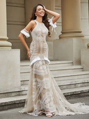 Jewel Neckline Lace Tassel Mermaid Wedding Dress Champagne