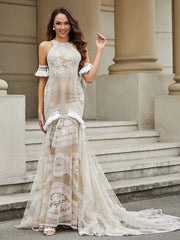 Jewel Neckline Lace Tassel Mermaid Wedding Dress Champagne