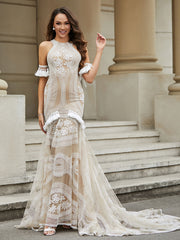 Jewel Neckline Lace Tassel Mermaid Wedding Dress White