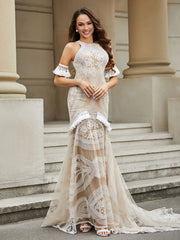 Jewel Neckline Lace Tassel Mermaid Wedding Dress White