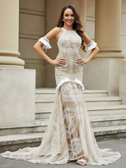 Jewel Neckline Lace Tassel Mermaid Wedding Dress Champagne