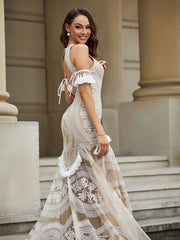 Jewel Neckline Lace Tassel Mermaid Wedding Dress Champagne