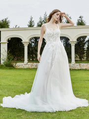 Spaghetti Straps Lace Chapel Train Wedding Dress Champagne