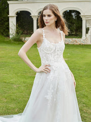 Spaghetti Straps Lace Chapel Train Wedding Dress Champagne