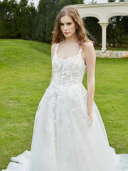 Spaghetti Straps Lace Chapel Train Wedding Dress Champagne