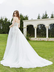 Spaghetti Straps Lace Chapel Train Wedding Dress Champagne