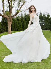Spaghetti Straps Lace Chapel Train Wedding Dress Champagne