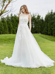 Spaghetti Straps Lace Chapel Train Wedding Dress Champagne